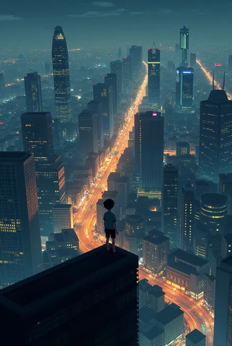 Anime realism art style, Makoto shinkai art style, Weathering with you art style, mostly atmosphere is night time above Bangkok the skyscraper ariel view of one Tower in Bangkok, above there is a boy standing looking down to a bright city  down there. a Ci...