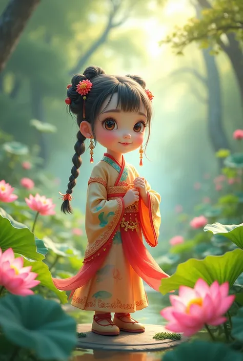 Traditional Asian Garden An Ancient Chinese Style，Cute ancient girl with bright eyes，Colorful clothing，。Cute and pretty temperament。In the garden, a group of big lotus flowers, tall trees, the sun shines on the water drops, outdoor animation, hazy and drea...