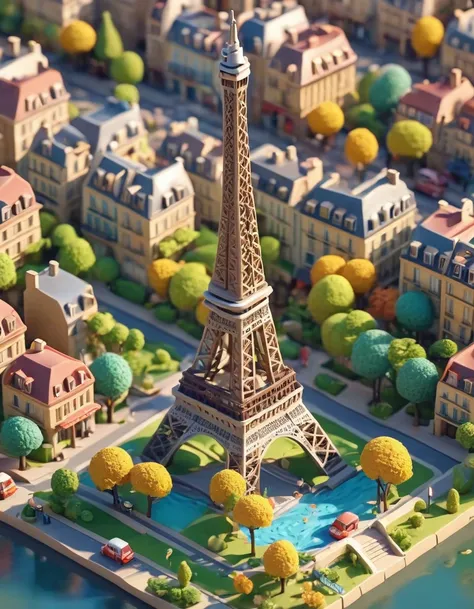 Super cute clay world,Isometric view of the Eiffel Tower in Paris,Cute clay stop motion animation,Character,Tilt action,Excellent lighting effects,landscape,Three-dimensional,Brush Rendering,3D Effect,Super Detail