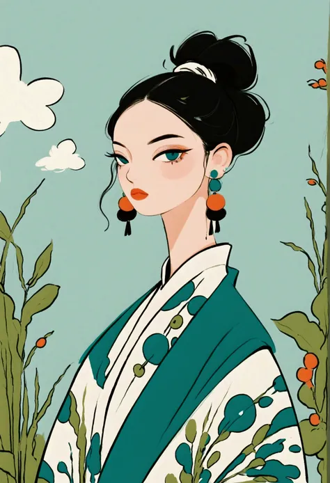 Large target, Blue earrings, Hair tied neatly back, Clothing with abstract patterns，With bold colors such as black, Green, White, and, Neutral interior background. 灯光柔and均匀, Create a calm and composed atmosphere. The viewing angle is frontal，特写聚焦于上半身and配饰....