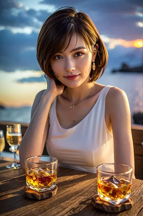 (Realistic, 超Realistic:1.4), 16K HDR, High resolution,((Whiskey Glass)),((Whiskey Bottle))Brown short hair,The best smile、lover、so beautiful(It looks like the real thing),Evening Dresses,Cocktail Dresses、Whiskey Bottle、The Macallan、Johnnie Walker、、Old Parr...