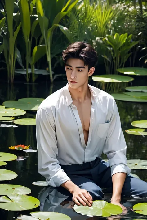 UHD, A tall handsome muscular man with broad shoulders and a calm expression sits at the edge of a serene water garden, his feet dipped into the cool, clear water. His shirt unbuttoned, reveals his sculpted chest and abs, his skin bronzed from the sun. His...