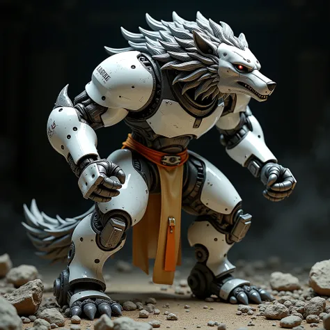 Intense expression, Metal wolf head，Long mane flowing flowing, Complex mechanical details, White and gray armor，Exposed gears, Beige and orange fabric belt, Maintain a dynamic fighting stance, Clenched fist, Expectations, A firm and powerful gaze, Limbs an...