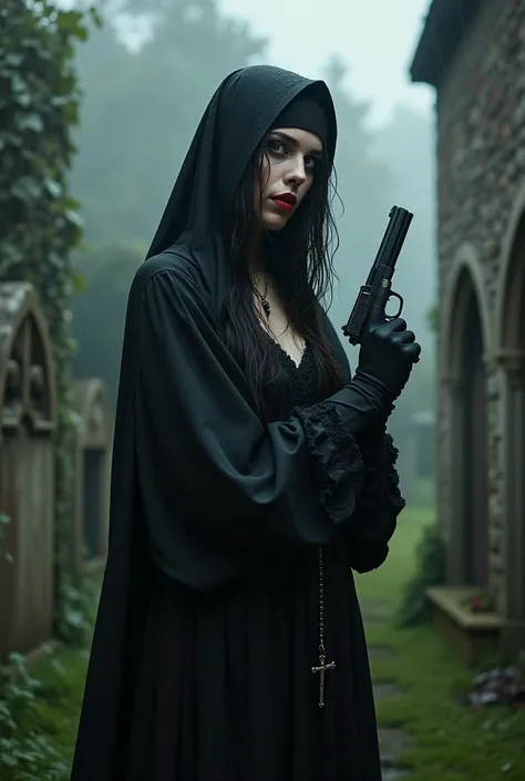 a stunning transgender goth nun with a tall, slender figure reminiscent of a supermodel, adorned in a flowing black habit with intricate lace details, now drenched and clinging to her body, her porcelain skin a striking contrast to the bold, crimson lips t...