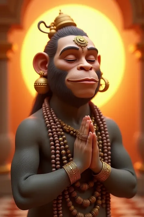 "Create a highly detailed 3D render of a serene, divine figure resembling Lord Hanuman, with a peaceful expression and eyes closed in prayer. The character has a humanoid monkey face with a strong jawline, adorned with golden earrings and intricate beaded ...