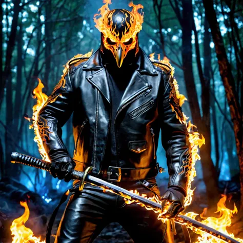 Closeup, An extremely badass penguin completely possessed by Ghost Rider wearing an insanely cool black leather Harley Davidson biker jacket open, black leather biker gloves, black leather biker pants, enshrouded by intense, dark deadly demonic flames, hol...