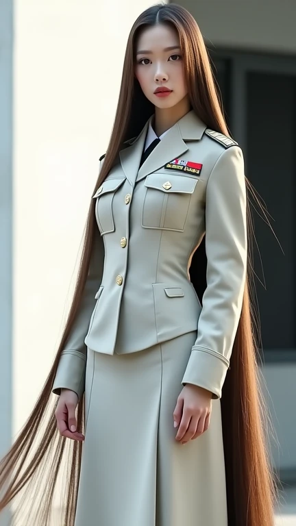 Generate: ((A chinese young lady,she was a woman soldier.She dress her woman soldier uniform, but her uniform is have kneelengthskirt .))
A chinese young lady have a light bown the longest hair in the wrld length 20 meters more.Her longest hair is super th...