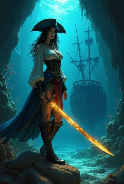 Recreate the movie scene with the strikingly beautiful woman. She is dressed in a detailed pirate costume, complete with a tricorn hat, flowing cloak, and large breasts.,A hand holding a sword with light emitting from the sword. The setting is an underwate...