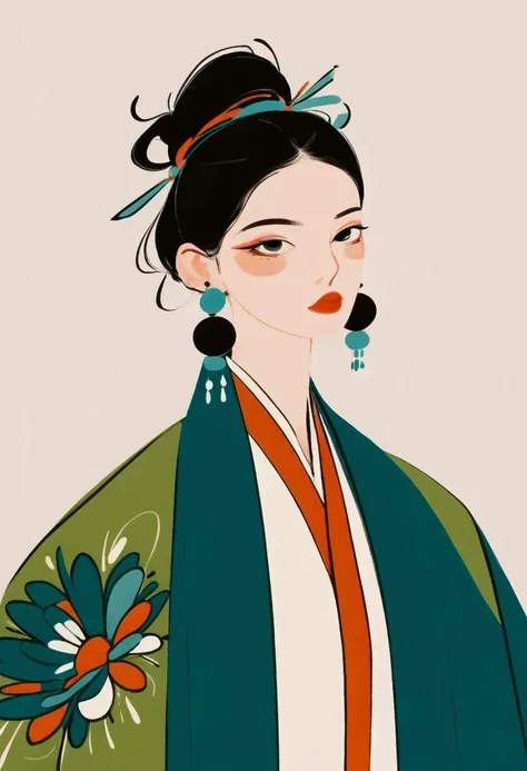 Large target, Blue earrings, Hair tied neatly back, Clothing with abstract patterns，With bold colors such as black, Green, White, and,  Create a calm and composed atmosphere. The viewing angle is frontal，特写聚焦于上半身and配饰.
