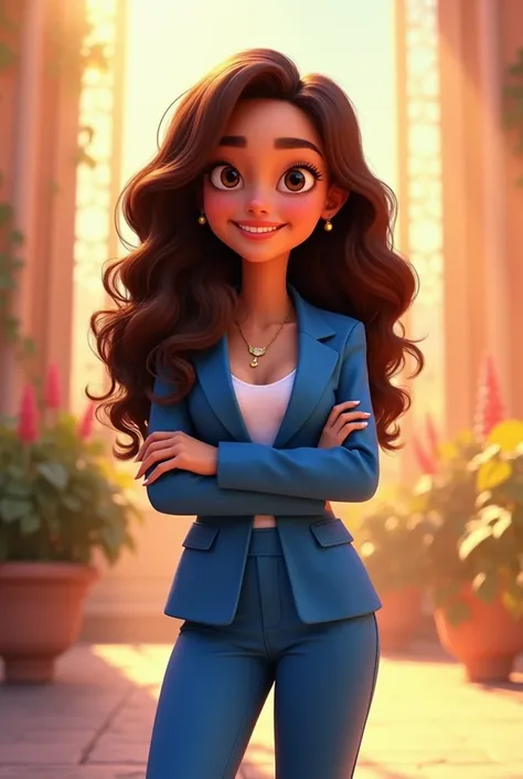 animated muture  happy 
 girl with written name  Mahnoor 
With long curly hairs in standing position
In beautiful blue suit