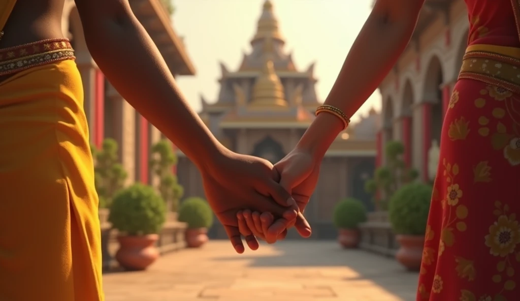 In 3D animation style:A close-up of Aryan and Nandita’s hands tightly clasped as they leave the temple grounds.