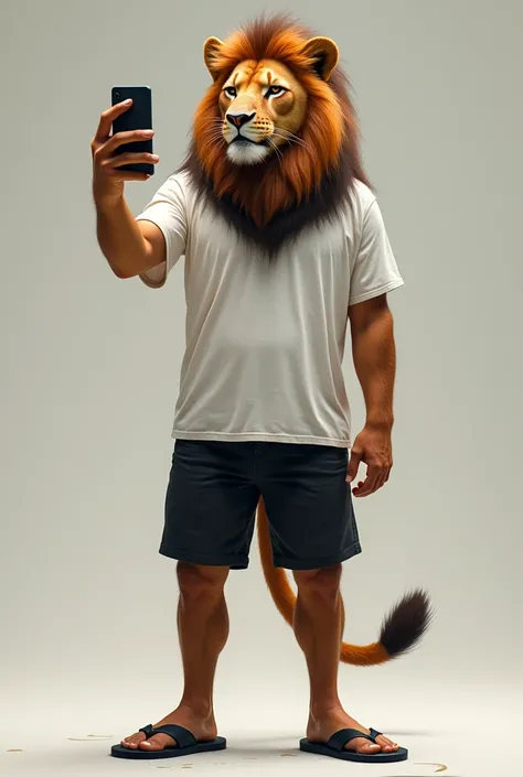 A man with a lion&#39;s head, wearing a white t-shirt, black shorts, and black flip-flops, takes a selfie with his index finger and thumb out.