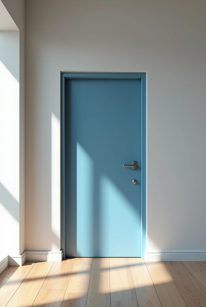 An empty living room with grey wall and wooden floors with a blue door 