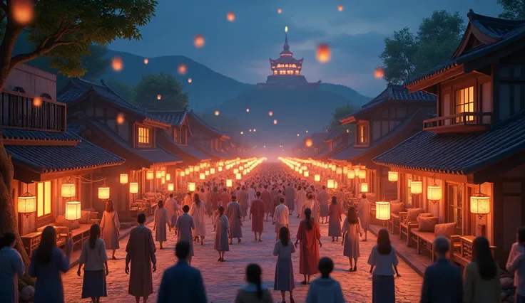 In 3D animation style:The village at night, with villagers lighting lanterns to celebrate the end of the temple’s power.