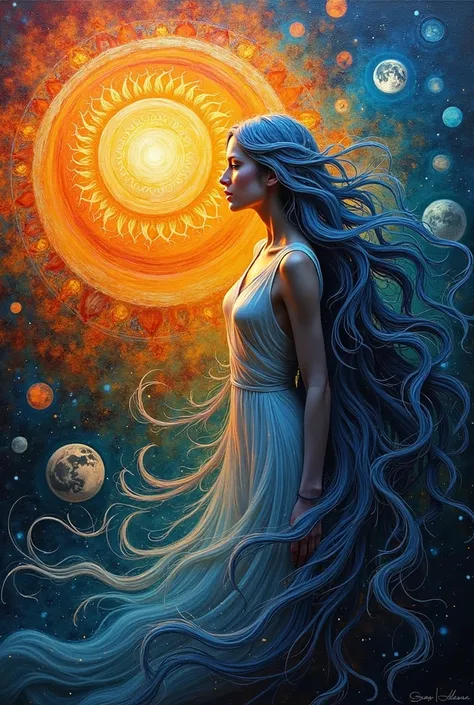 Abstract paint, Sun and moon , infinity woman with long hair, background mandala and good energy  flow in your body, close view 