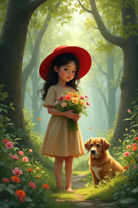 girl in red hat holding flowers in hand against green forest background with dog standing nearby