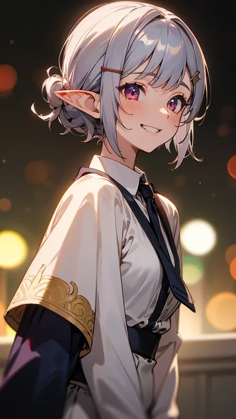 1 girl、8k、Sharp focus、(Bokeh) (highest quality) (Detailed skin:1.3) (Intricate details) (anime)、Small breasts、Angelic Face, Goblins, Elf ear hair, Silver hair and short bob hairstyle、Tie your hair up with a hair clip、Glowing pink round eyes, cute, Yellow p...