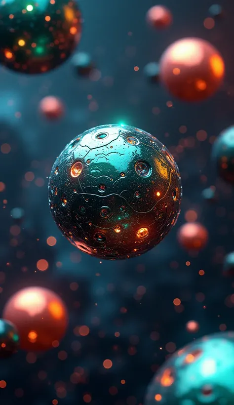 A futuristic phone wallpaper featuring abstract 3D spheres floating in a dark, cosmic space. The spheres vary in size and color, with metallic textures and glowing highlights. The dynamic and otherworldly design gives off a high-tech, sci-fi vibe, perfect ...