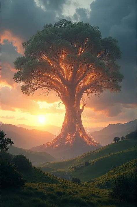 A huge lighing animation tree with hills and dark clouds, sun set times