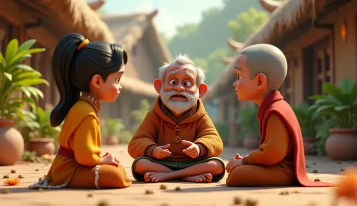 In 3D animation style:The couple telling their story to the village elder, who listens intently.
