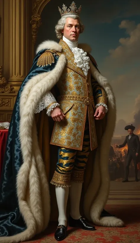 King Louis XVI in his royal court attire, with a backdrop of the French Revolution.