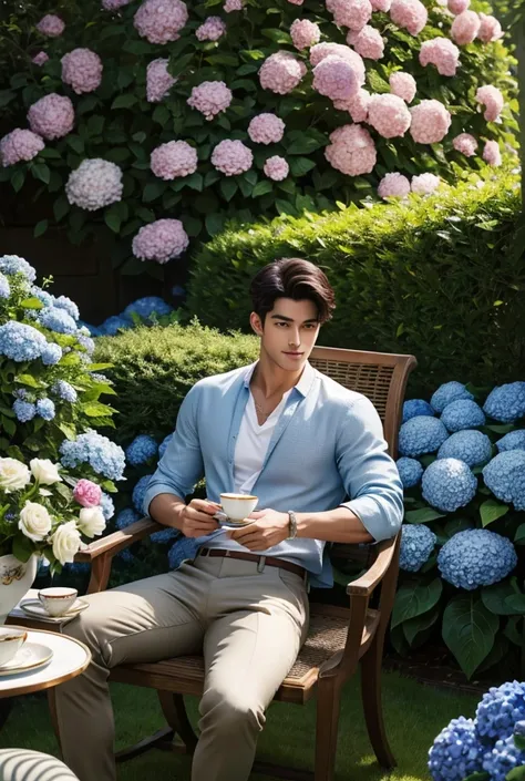 Ultra High Definition, extremely detailed, masterpiece, A tall handsome man with broad shoulders and a lean, muscular build lounges in a quaint English tea garden, surrounded by meticulously trimmed hedges and blooming hydrangeas. His linen shirt is loosel...