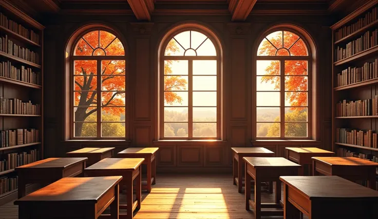 An old, traditional classroom with wooden desks and dark wood paneling, featuring large arched windows that open to a view of an autumn landscape. Outside, the trees are vibrant with shades of red, orange, and yellow, and the soft sunlight filters through ...