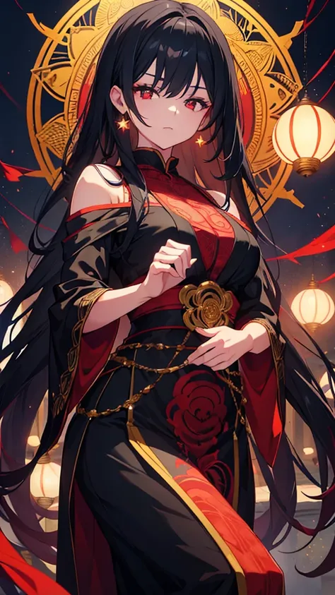 This image depicts a chibi-style character with striking black hair and intricate, sheer crimson attire that drapes elegantly around them. The character is levitating, holding a delicate Edo kiriko glass in one hand, featuring ornate patterns that catch th...