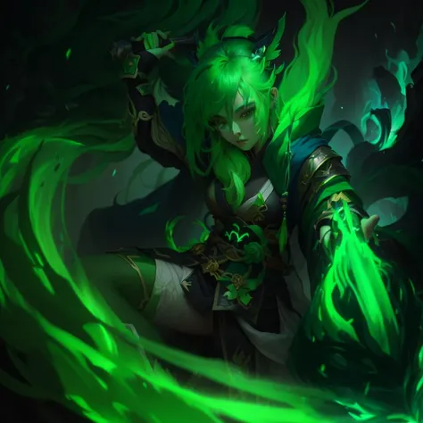 a close up of a person with a green hair and a green face, dota character, amazing portrait of viego, bian lian, inspired by Hu Zaobin, inspired by Shen Zhou, deviantart artstation cgscosiety, inspired by Huang Shen, guan yu, inspired by Yi Inmun, splash a...