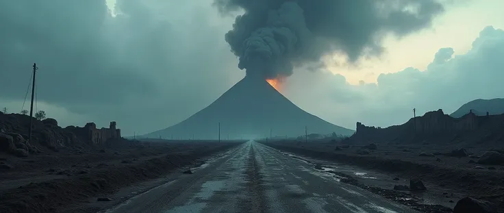 (Photorealistic photo:1.5) of a vast, open volcanic, desolated, Icelandic landscape under moody, overcast sky with dark threatening storm clouds. The terrain is rugged and barren, displaying dry scorched earth, cracks and remains of ash covered, destroyed ...