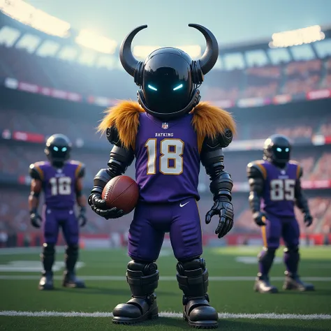 Create an image of a Mascot futuristic humanoid robot with a black head dressed in a Viking-themed costume, stand with the nfl players, featuring a purple jersey with the number 18, a horned helmet, The costume should also include elements like fur on the ...