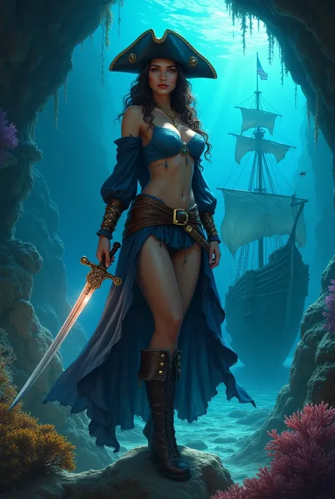 Recreate the movie scene with the strikingly beautiful woman. She is dressed in a detailed pirate costume, complete with a tricorn hat, a cape, blue lace bra, and large breasts.,Her hand holds a sword with light emitting from it. The setting is an underwat...