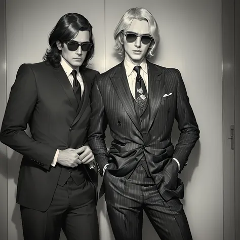 two men in suits and sunglasses standing next to each other, wearing a suits, dressed in 1970s menswear, wearing suits!, wearing a suit and glasses, 60s style, 6 0 s style, suit and tie, gerald brom and andy warhol, two handsome men, late 1 9 6 0s, tall an...