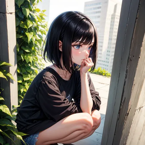 A thoughtful black bob haired girl 