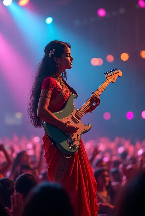 Create a Tamil foreign 1 girl who is a guitarist with guitar in a music concert