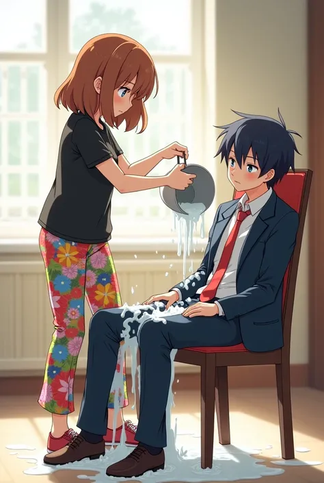 Anime Girl in Floral pants and a black short sleeve shirt pouring a bucket of milk onto a Male student in a suit while he is tied to a chair.