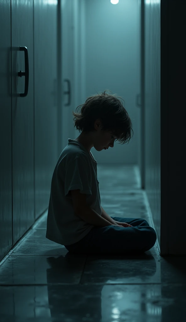 Boy sitting on bad shiny room long hair