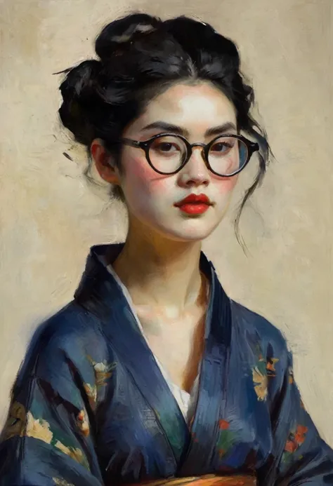 1girl, pale skin, dark blue kimono, round glasses, thick outlines, side pouch, black hair, tied in a single bun, needle pin in bun,big breasts, black eyes, Painted thick texture brush, expressive brush strokes, rich opaque colors, bold brushwork, varied pr...