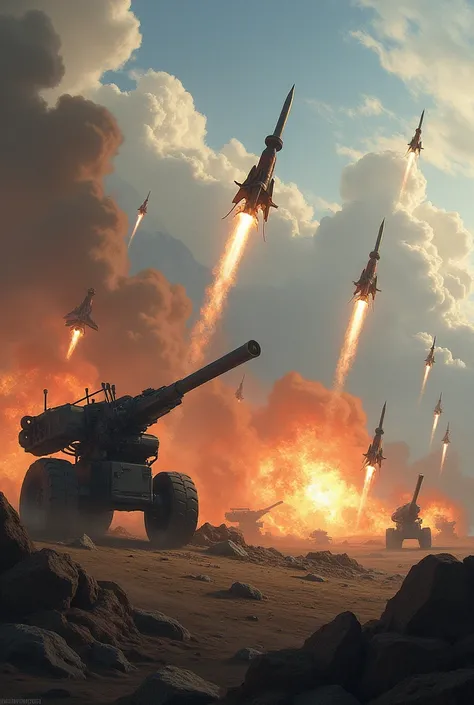 Small missiles firing on Artillery Guns.