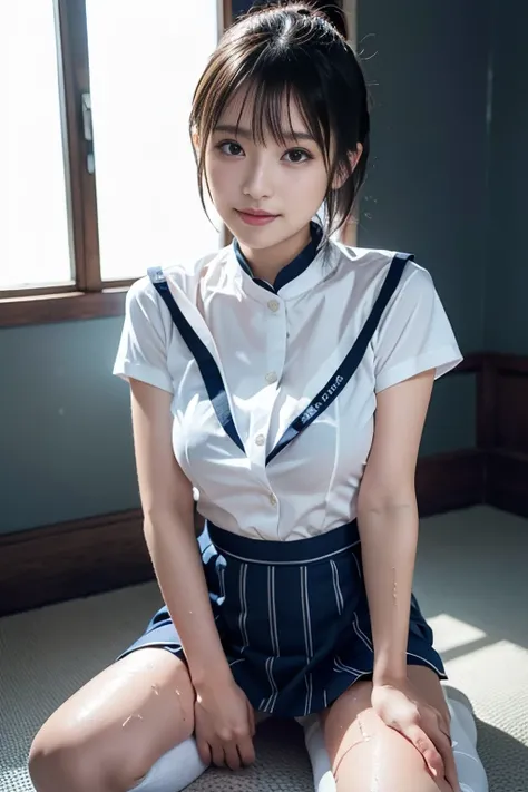 {1girl, (Wearing JK uniform costumes:1.23), Serafuku, Seifuku, Sailor Moon Cosplay, Mini-Skirt, Very beautiful Japanese idol portrait, Cute expression, (RAW Photos, Highest quality),(Genuine, Genuineistic:1.38), (Masterpiece:1.8), Very delicate and beautif...