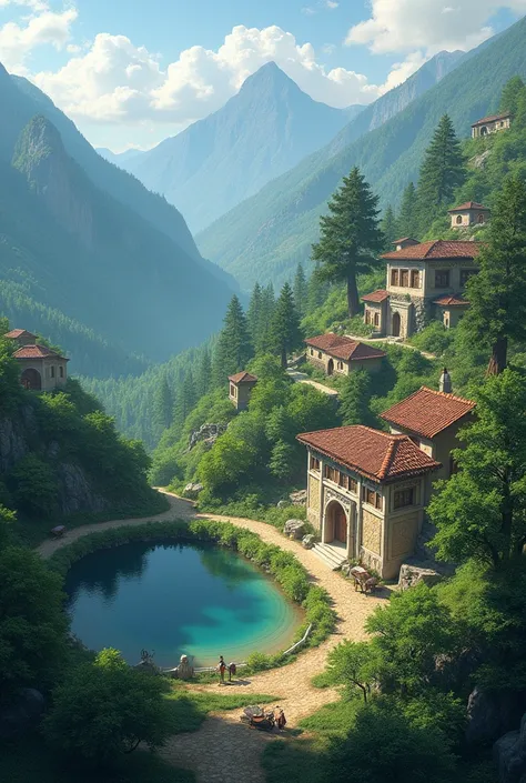 An Uzbek village around a small lake on top of a mountain covered with mountain spruce forest.