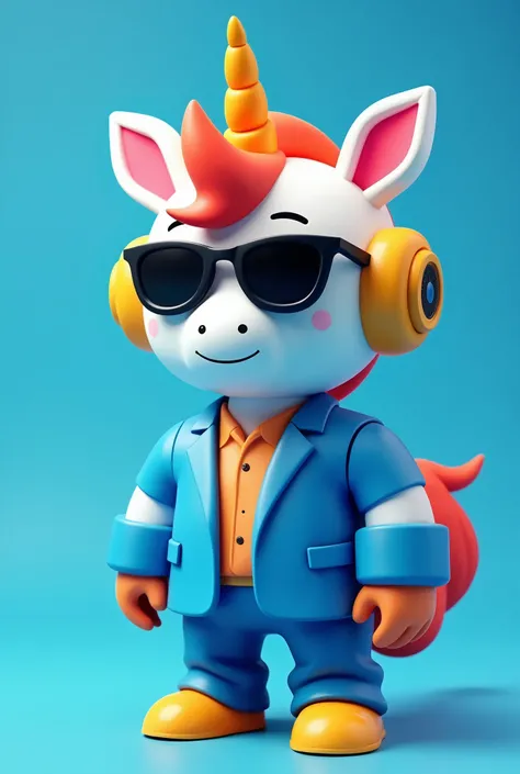 3D of Unicorn bot, Red Orange Steps Hair Mane, Yellow Horn, Portrait, Smile, black sun glasses, with Blue Blazer Suit, blue background.3D Rendering, Blind Box Toy Style, Character Design, Unreal Engine, 