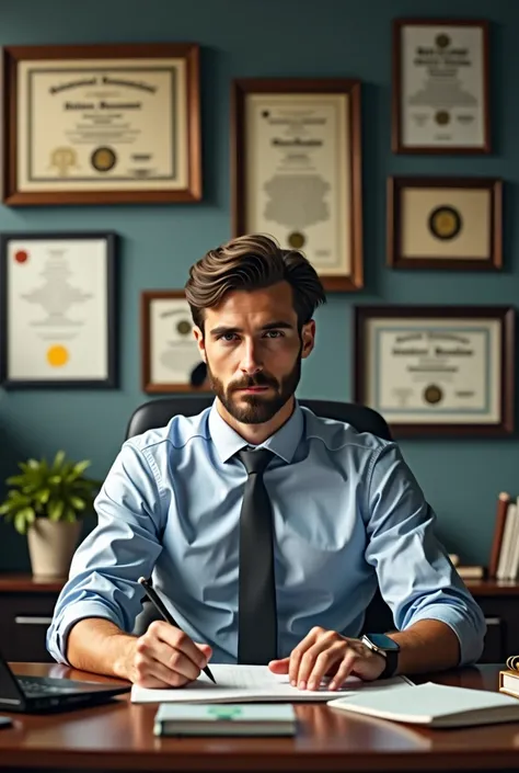 A young man sitting in his office and behind him a few academic titles such as some middle-class doctorates and master&#39;s degrees 