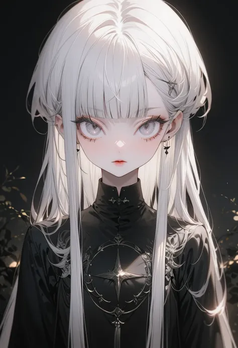 (Best Quality,Very detailed,High resolution:1.2),Beautiful albino twin girls，Heavy bangs，Long eyelashes，Cool look, Photographed from the front，The one on the right is wearing white.，The one on the left is wearing black clothes，