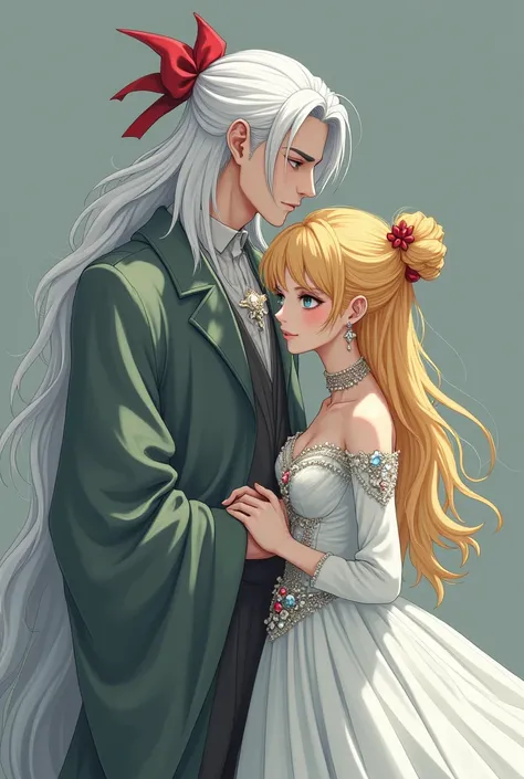 HD, Handsome man made of kunzite / malachite with long white hair, European appearance stands in gray clothes, Handsome man, Beautiful skin, beautiful body, Sailor Venus with golden hair, passion, Eros kisses lips, red bow at the back of the head, short gi...