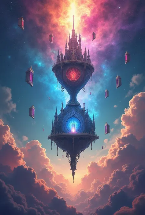 Colorful sky in space, a huge hourglass castle in space, thousands of doors in the sky 