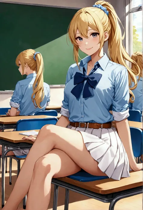 masterpiece, best quality, highres, aakei, long hair, blonde hair, ponytail, hair scrunchie, blue bowtie, collared shirt, blue shirt, sleeves rolled up, clothes around waist, pleated skirt, white skirt, classroom, (crossed legs:1.2), smile, sitting