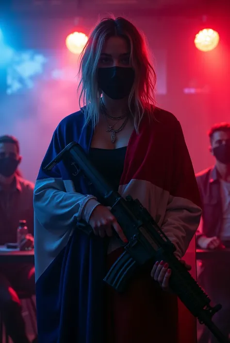 Woman with mask, singlng karaoke in a Bar with assault rifle and dutch flag.