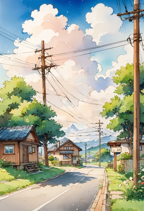 High-quality illustrations, masterpiece, Very refined, outdoors, no humans, house, cloud, grass, sky, day, power lines, scenery, road, tree, traditional media, utility pole, sign, blue sky, building, cloudy sky, water