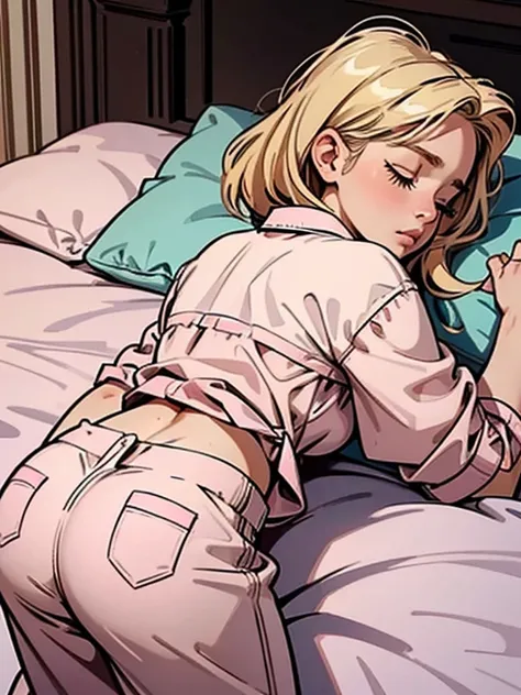 Mckenna Grace, Sleeping girl, 1girl, realistic, she is wearing long pants, she is wearing pink pajama, blonde hair, cute bum 